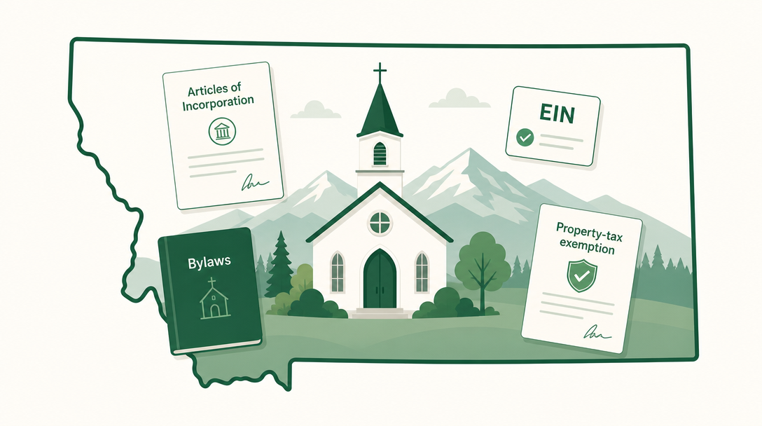 A new Montana church inside the outline of the state, surrounded by its founding paperwork — Articles of Incorporation, an EIN, bylaws, and the Montana property-tax exemption application.