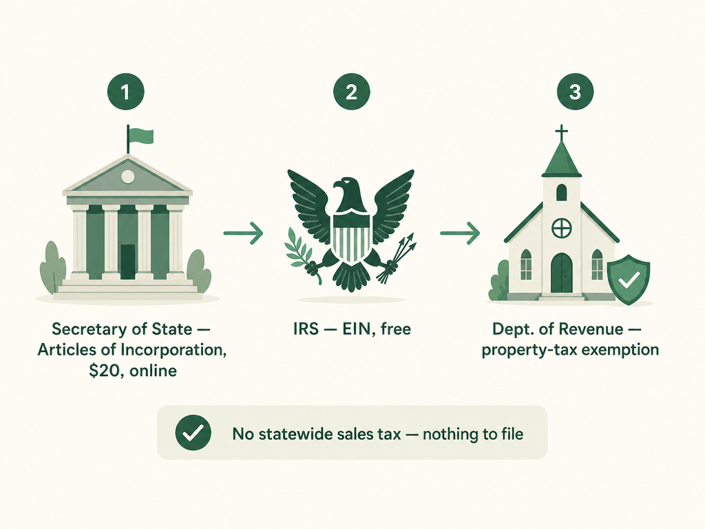 A three-step Montana church formation flow: file Articles of Incorporation (Nonprofit) online with the Secretary of State for $20, get an EIN from the IRS, and claim the church property-tax exemption from the Montana Department of Revenue — with a note that Montana has no statewide sales tax to be exempt from.