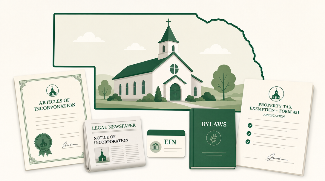 A new Nebraska church inside the outline of the state, surrounded by its founding paperwork — Articles of Incorporation, a newspaper notice of incorporation, an EIN, bylaws, and a property tax exemption application.