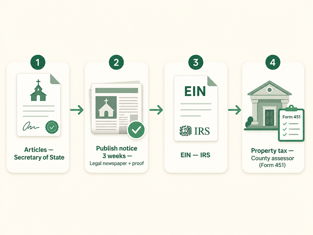 A four-step Nebraska church formation flow: file Articles of Incorporation with the Secretary of State, publish a notice of incorporation in a legal newspaper for three successive weeks and file proof, get an EIN from the IRS, and claim the property tax exemption with the county assessor using Form 451 (with the sales tax exemption via Department of Revenue Form 4).