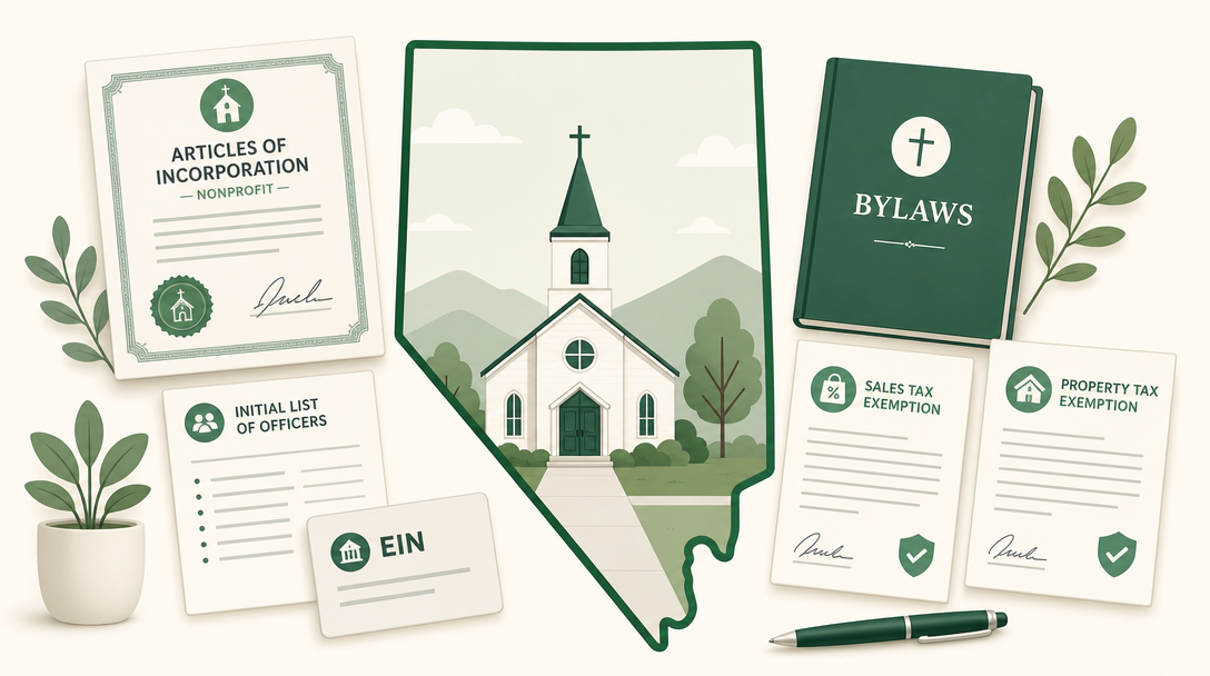 A new Nevada church inside the outline of the state, surrounded by its founding paperwork — Articles of Incorporation (Nonprofit), the Initial List of Officers, an EIN, bylaws, and the Nevada sales tax and property tax exemptions.