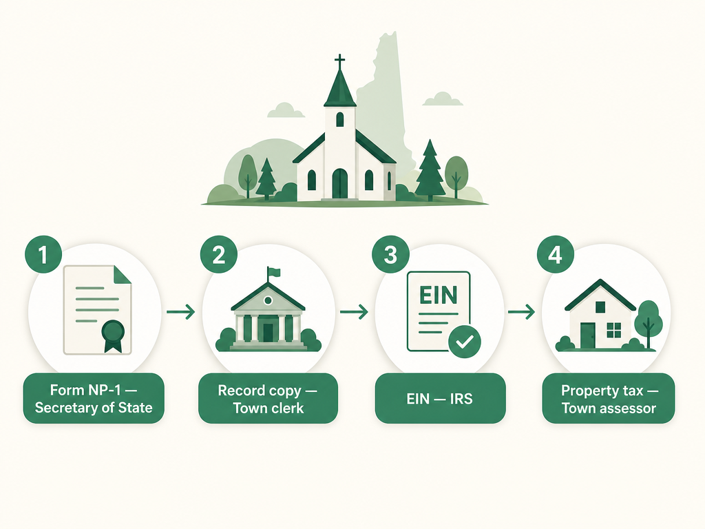 A four-step New Hampshire church formation flow: file Articles of Agreement (Form NP-1) with the Secretary of State, record a copy with the town or city clerk, get an EIN from the IRS, and claim the RSA 72:23 property tax exemption through the local municipality.