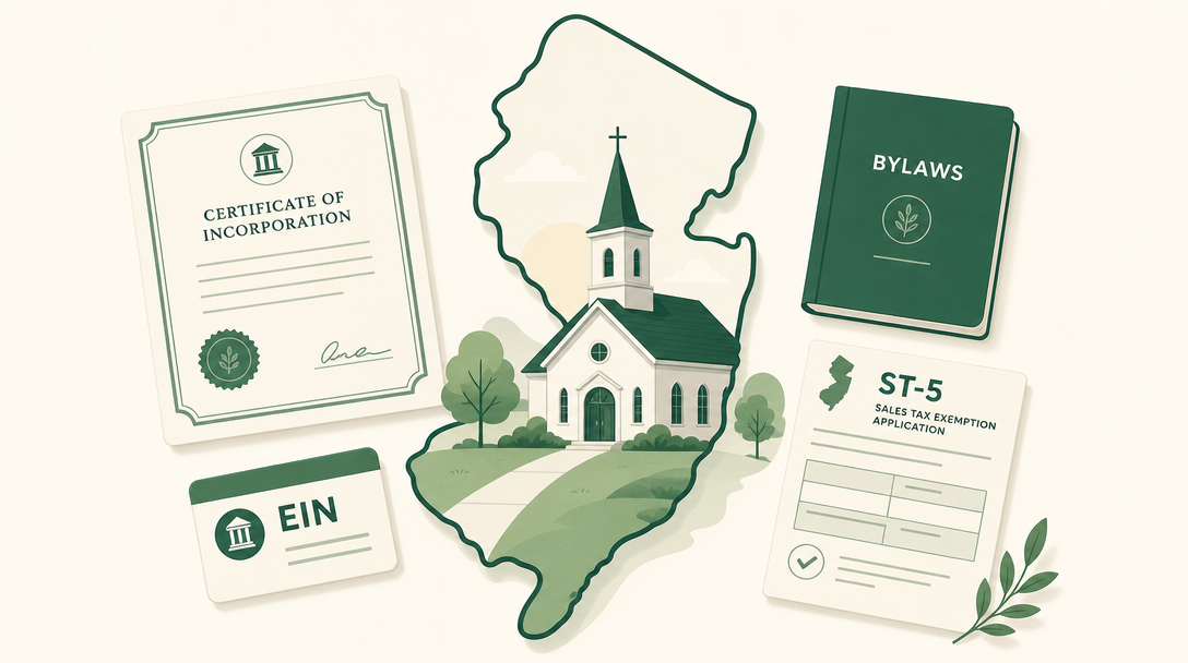 A new New Jersey church surrounded by its founding paperwork — a Certificate of Incorporation, an EIN, adopted bylaws, and the REG-1E application for the ST-5 sales tax exemption.