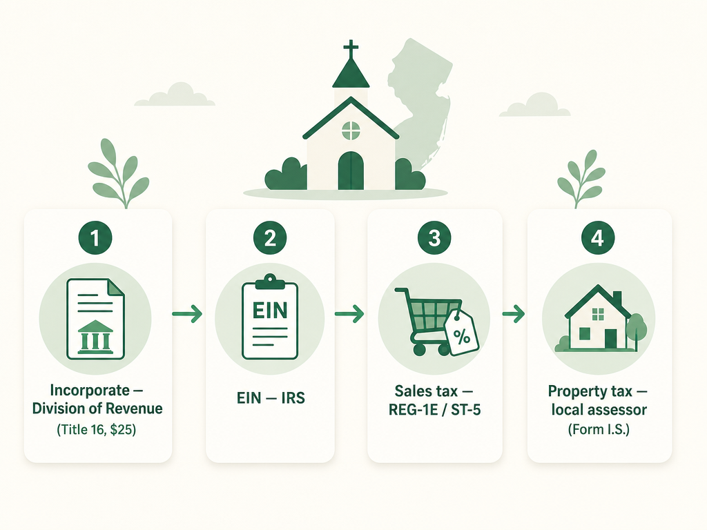 A four-step New Jersey church formation flow: file the Certificate of Incorporation with the Division of Revenue under Title 16 for twenty-five dollars, get an EIN from the IRS, apply for the ST-5 sales tax exemption with Form REG-1E, and claim the property tax exemption with Form I.S. at the local assessor.