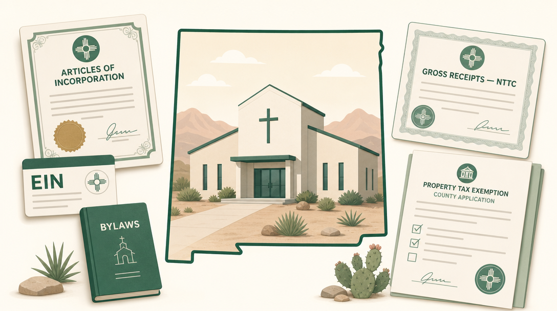 A new New Mexico church inside the outline of the state, surrounded by its founding paperwork — Articles of Incorporation, an EIN, bylaws, a gross receipts tax NTTC, and a county property tax exemption application.