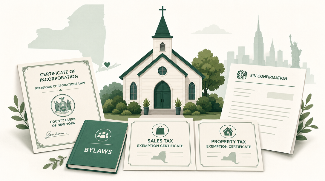 A new New York church surrounded by its founding paperwork — a Certificate of Incorporation under the Religious Corporations Law filed with the county clerk, an EIN, bylaws, and the New York sales and property tax exemption applications.