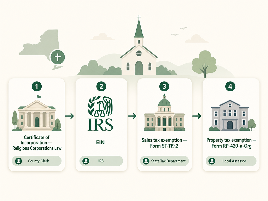 A four-step New York church formation flow: file the Certificate of Incorporation under the Religious Corporations Law with the county clerk, get an EIN from the IRS, claim the sales tax exemption with the Department of Taxation and Finance using Form ST-119.2, and the property tax exemption with the local assessor using Form RP-420-a-Org.