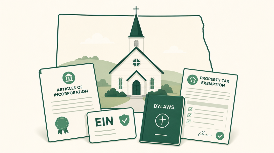 A new North Dakota church inside the outline of the state, surrounded by its founding paperwork — Articles of Incorporation, an EIN, bylaws, and the county property tax exemption application.
