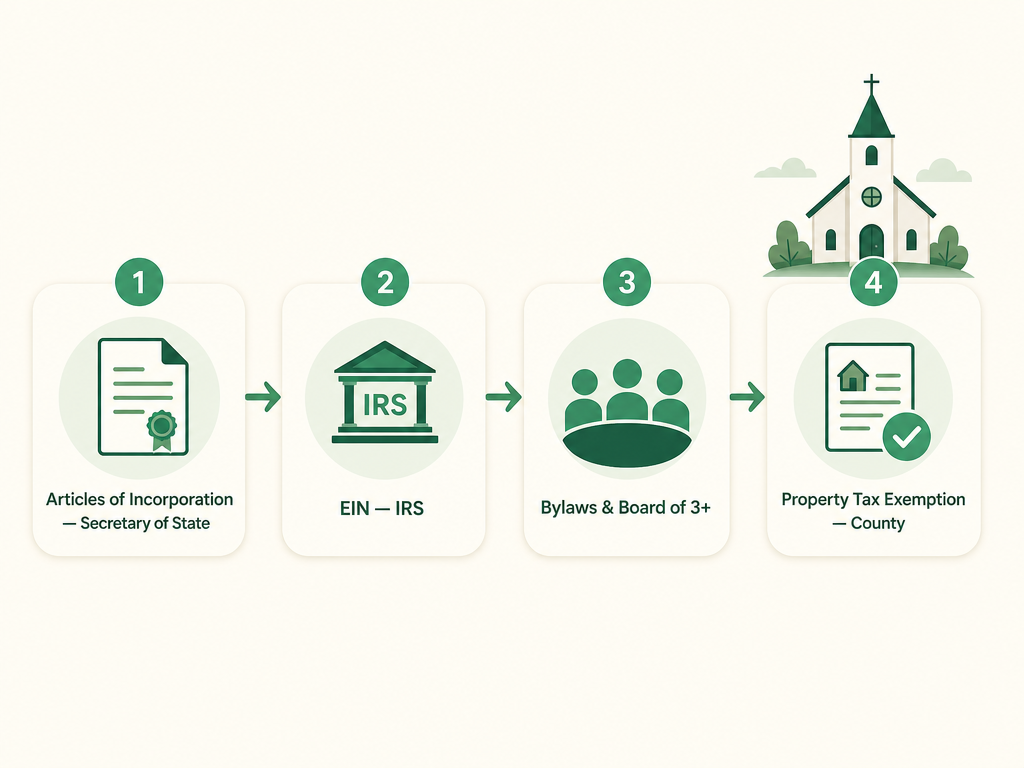 A four-step North Dakota church formation flow: file Articles of Incorporation (Nonprofit Corporation) with the Secretary of State, get an EIN from the IRS, adopt bylaws and seat a board, and claim the property tax exemption for the church building through the county auditor.