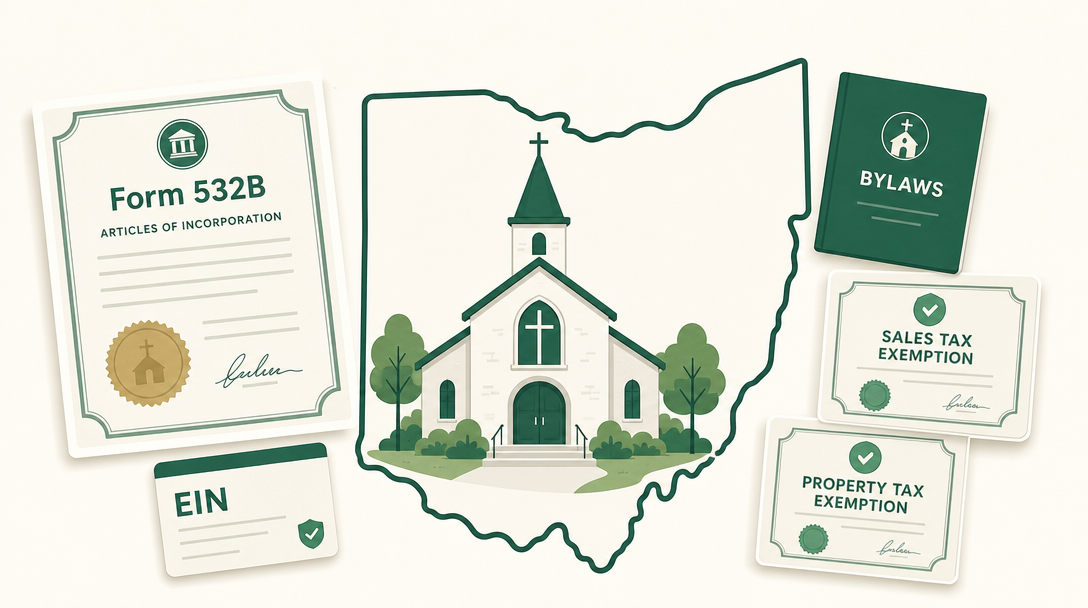 A new Ohio church surrounded by its founding paperwork — a Form 532B articles of incorporation, an EIN, bylaws, and the Ohio sales and property tax exemption documents.