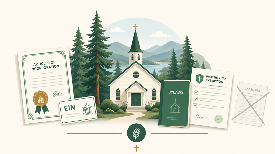 A new Oregon church surrounded by its founding paperwork — Articles of Incorporation, an EIN, bylaws, and a county property tax exemption application — with no sales tax form in sight.