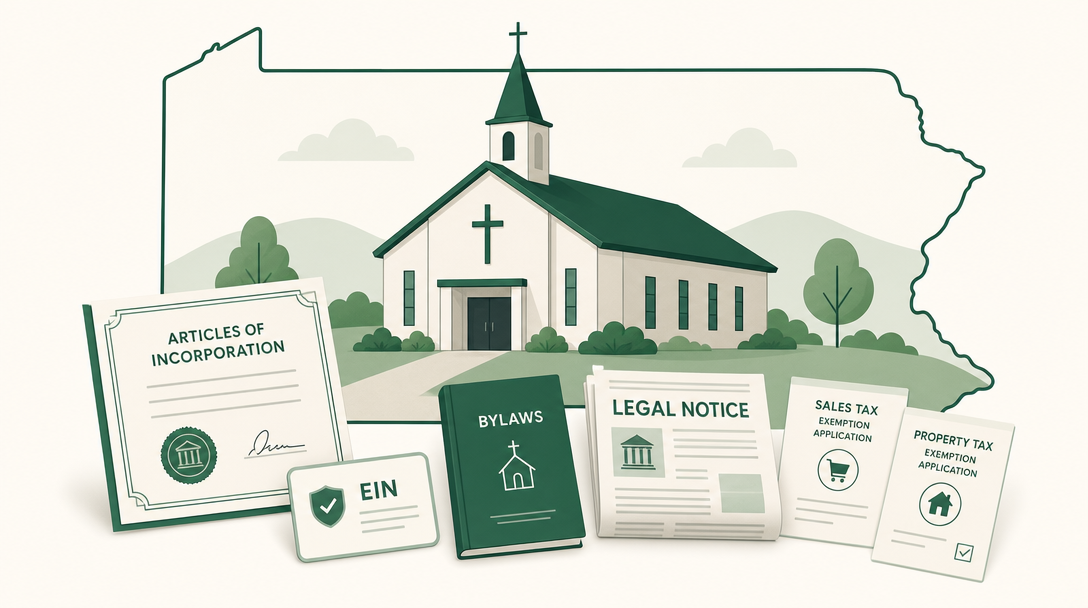 A new Pennsylvania church surrounded by its founding paperwork — Articles of Incorporation (DSCB:15-5306), an EIN, bylaws, the newspaper legal notice, and the PA sales and property tax exemption applications.