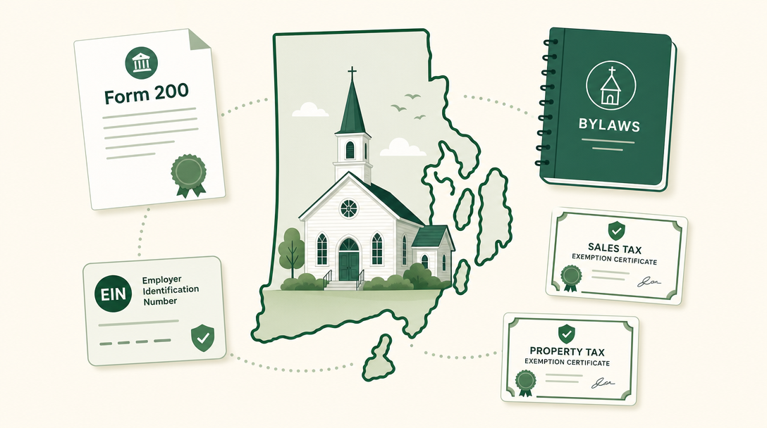 A new Rhode Island church inside the outline of the state, surrounded by its founding paperwork — Articles of Incorporation (Form 200), an EIN, bylaws, and the Rhode Island sales and property tax exemption applications.