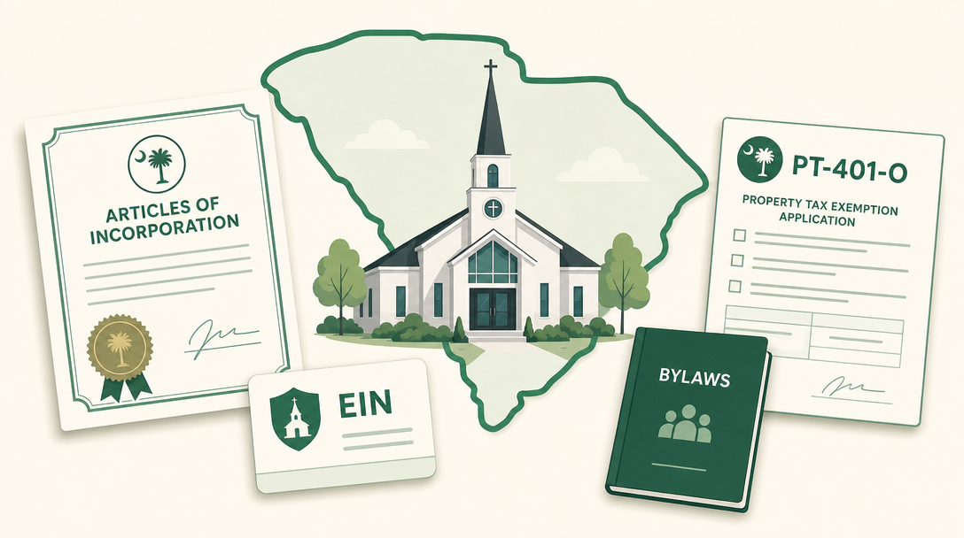 A new South Carolina church surrounded by its founding paperwork — Articles of Incorporation, an EIN, bylaws, and the PT-401-O property tax exemption application.