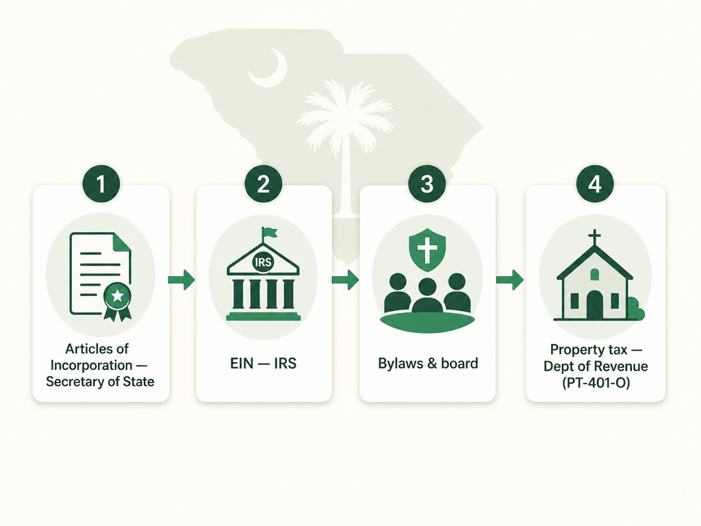 A four-step South Carolina church formation flow: file Articles of Incorporation with the Secretary of State, get an EIN from the IRS, adopt bylaws and seat a board, then claim the property tax exemption with the Department of Revenue using Form PT-401-O.