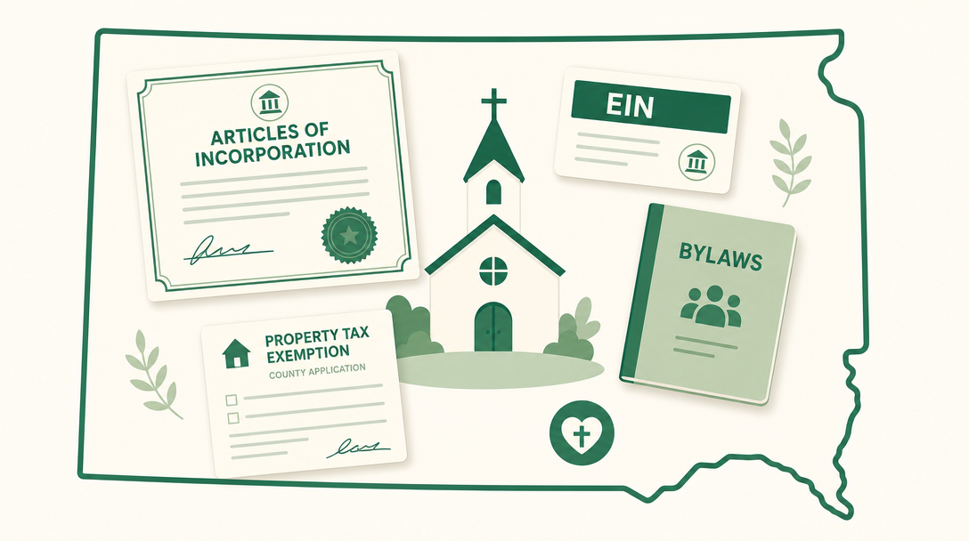 A new South Dakota church inside the outline of the state, surrounded by its founding paperwork — Articles of Incorporation, an EIN, bylaws, and a county property tax exemption application.