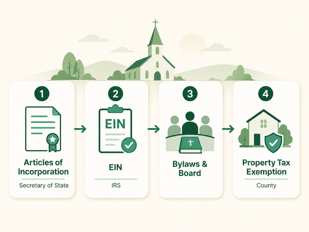A four-step South Dakota church formation flow: file Articles of Incorporation with the Secretary of State, get an EIN from the IRS, adopt bylaws and seat a board, and apply for the property tax exemption with the county director of equalization under SDCL 10-4-9.