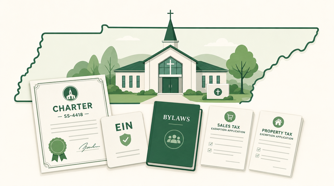 A new Tennessee church surrounded by its founding paperwork — a nonprofit Charter (Form SS-4418), an EIN, bylaws, and the Tennessee sales and property tax exemption applications.