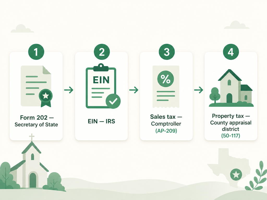 A four-step Texas church formation flow: file Form 202 with the Secretary of State, get an EIN from the IRS, claim the sales tax exemption with the Comptroller using Form AP-209, and the property tax exemption with the county appraisal district using Form 50-117.