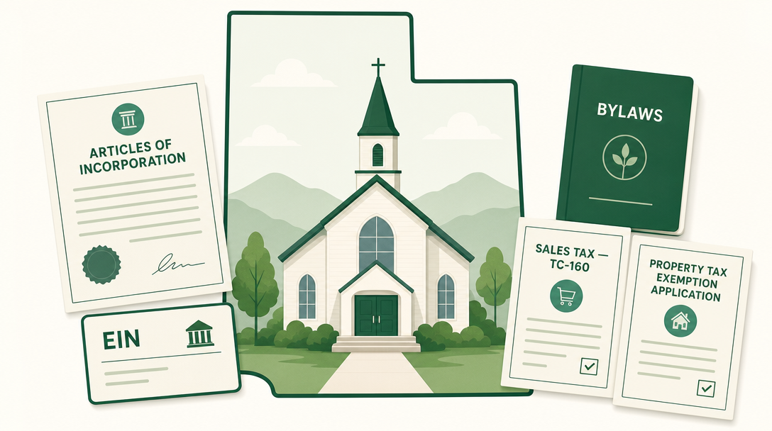 A new Utah church inside the outline of the state, surrounded by its founding paperwork — Articles of Incorporation, an EIN, adopted bylaws, and the Utah sales tax (Form TC-160) and county property tax exemption applications.