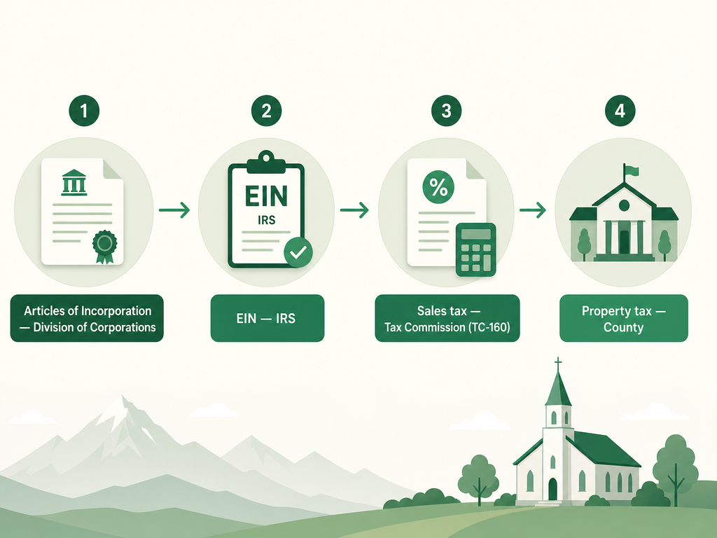 A four-step Utah church formation flow: file Articles of Incorporation with the Division of Corporations, get an EIN from the IRS, claim the sales tax exemption with the State Tax Commission using Form TC-160, and the property tax exemption with the county where the church owns property.
