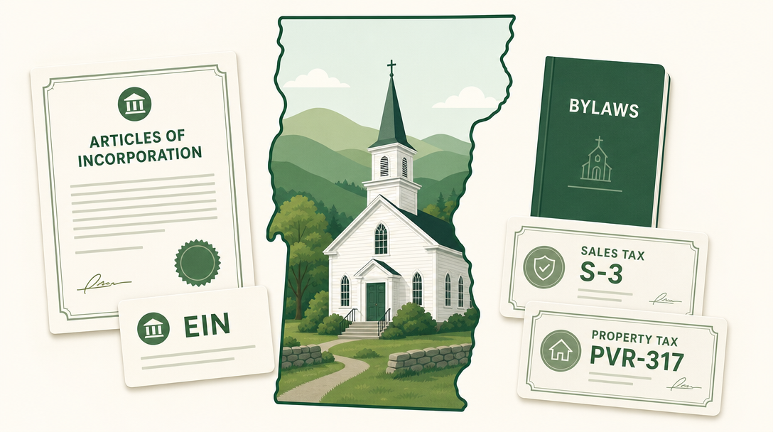 A new Vermont church inside the outline of the state, surrounded by its founding paperwork — Articles of Incorporation, an EIN, bylaws, and the Form S-3 Vermont sales tax exemption certificate.