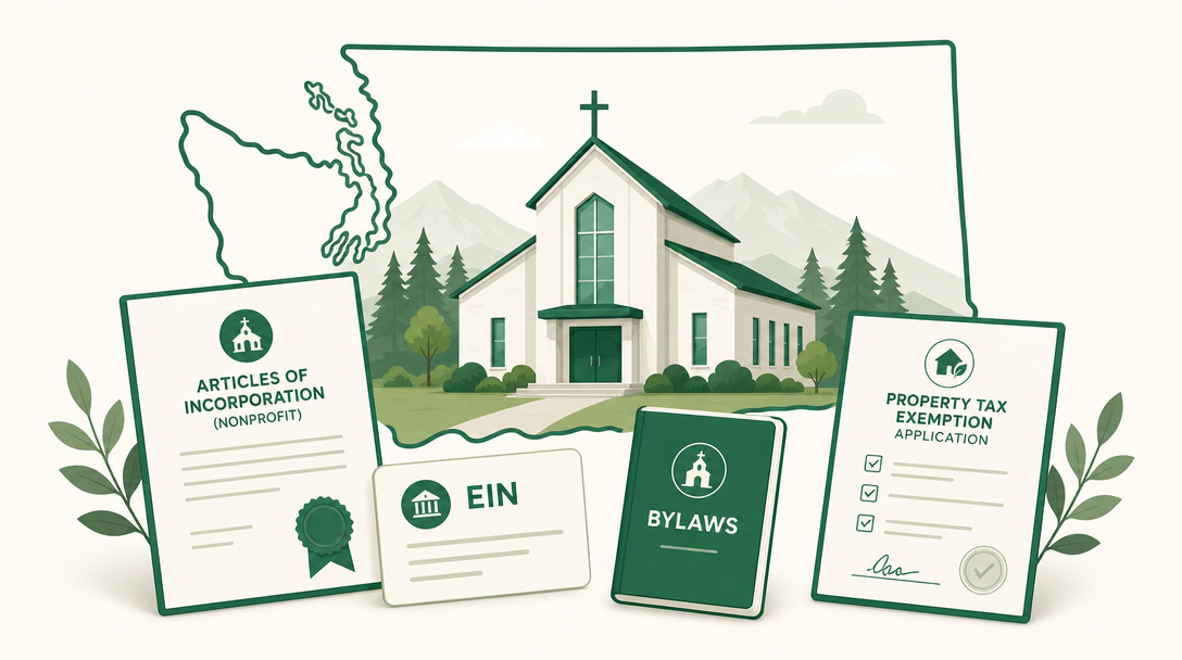 A new Washington church surrounded by its founding paperwork — Articles of Incorporation (Nonprofit), an EIN, bylaws, and the Department of Revenue property tax exemption application.