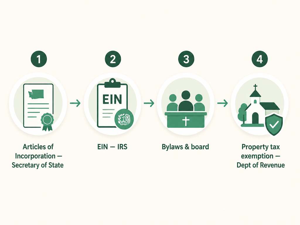 A four-step Washington church formation flow: file Articles of Incorporation with the Secretary of State, get an EIN from the IRS, adopt bylaws and seat a board, and claim the property tax exemption with the Department of Revenue.