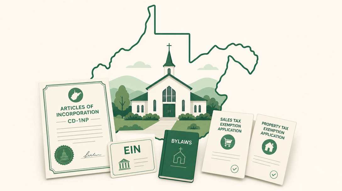 A new West Virginia church surrounded by its founding paperwork — Articles of Incorporation (Form CD-1NP), an EIN, bylaws, and the West Virginia sales and property tax exemption applications.