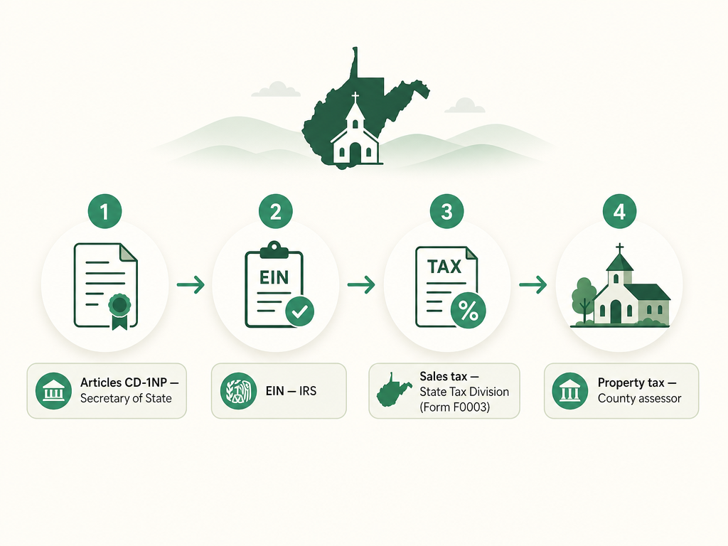 A four-step West Virginia church formation flow: file Articles of Incorporation (Form CD-1NP) with the Secretary of State, get an EIN from the IRS, register with the State Tax Division and claim the sales tax exemption with Form F0003, and claim the property tax exemption on worship property through the county assessor.
