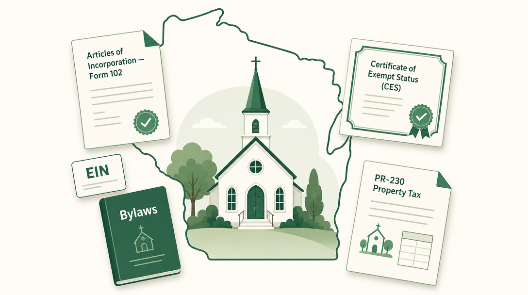 A new Wisconsin church inside the outline of the state, surrounded by its founding paperwork — Articles of Incorporation (Form 102) filed with the Department of Financial Institutions, an EIN, bylaws, the sales tax Certificate of Exempt Status, and the PR-230 property tax exemption request.