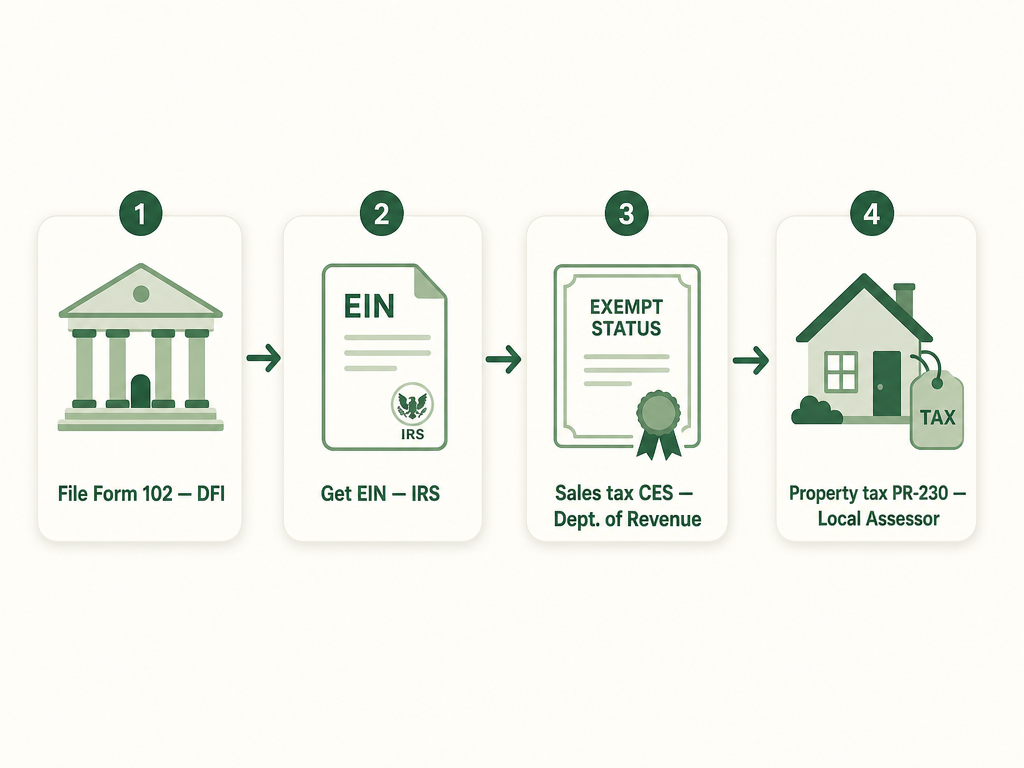 A four-step Wisconsin church formation flow: file Articles of Incorporation (Form 102) with the Department of Financial Institutions, get an EIN from the IRS, claim the sales tax exemption from the Department of Revenue with a Certificate of Exempt Status, and file the PR-230 property tax exemption request with the local assessor.