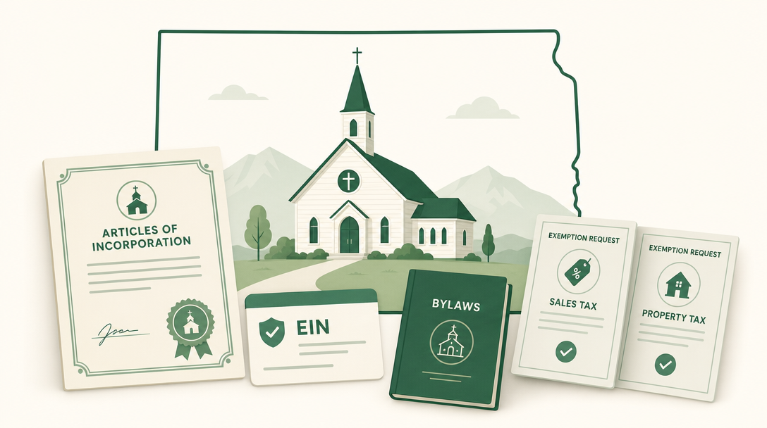 A new Wyoming church surrounded by its founding paperwork — Articles of Incorporation from the Secretary of State, an EIN, bylaws, and the state sales and property tax exemption requests.
