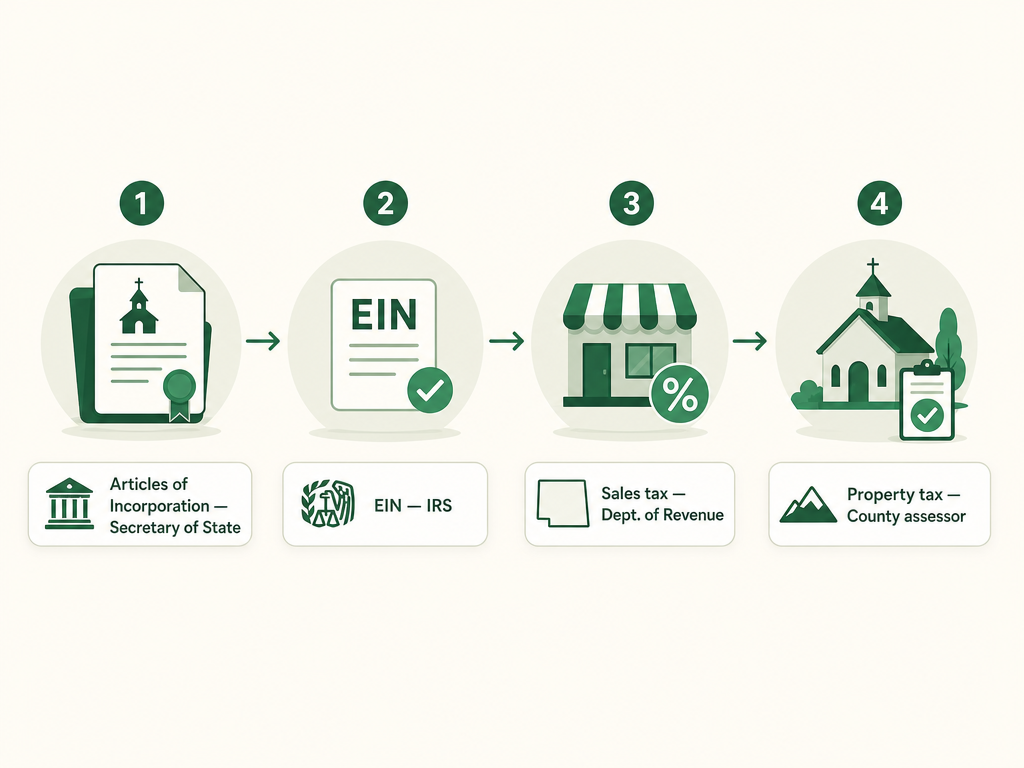 A four-step Wyoming church formation flow: file Articles of Incorporation with the Secretary of State, get an EIN from the IRS, request the sales tax exemption from the Department of Revenue, and claim the property tax exemption through the county assessor.