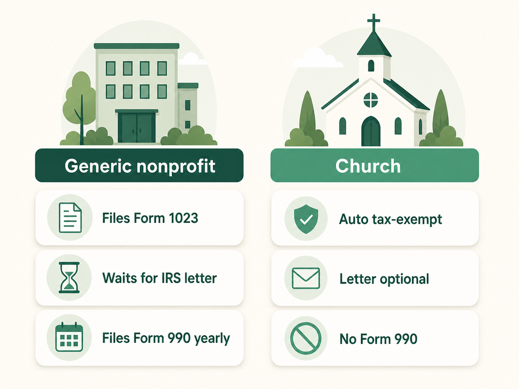 A comparison of forming a generic nonprofit versus a church: the nonprofit files Form 1023 and Form 990, while a church is automatically tax-exempt, can skip the determination letter, and files no Form 990.