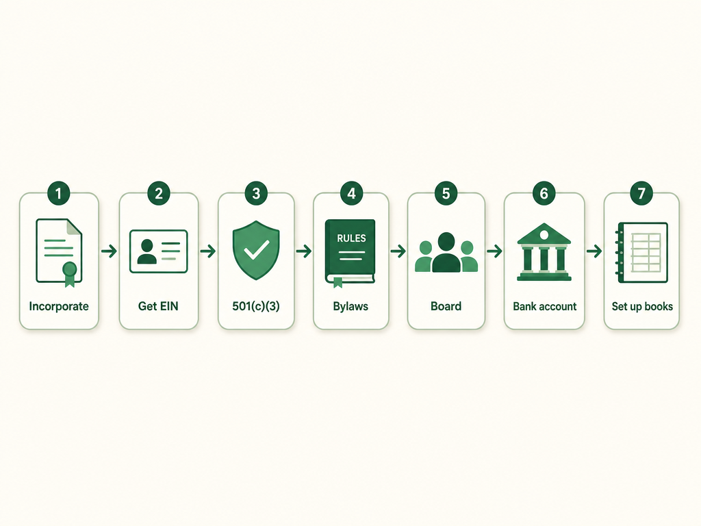 A seven-step formation flow: incorporate, get an EIN, secure 501(c)(3), adopt bylaws, form a board, open a bank account, then set up the books.