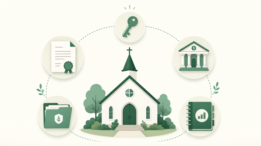 A new church at the center of its founding paperwork — incorporation documents, an EIN, a bank, bylaws, and a ledger arranged around a simple church building.
