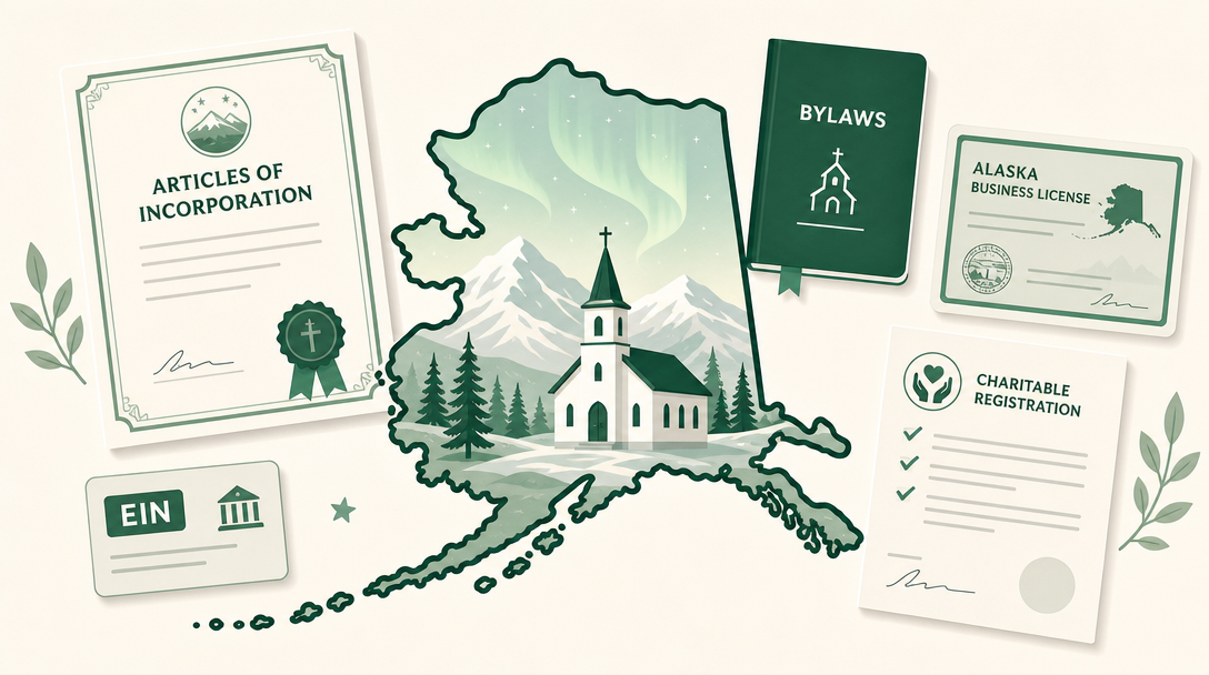 A new Alaska nonprofit inside the outline of the state, surrounded by its founding paperwork — Articles of Incorporation (Nonprofit), an EIN, IRS Form 1023, an Alaska business license, and the Department of Law charitable registration.