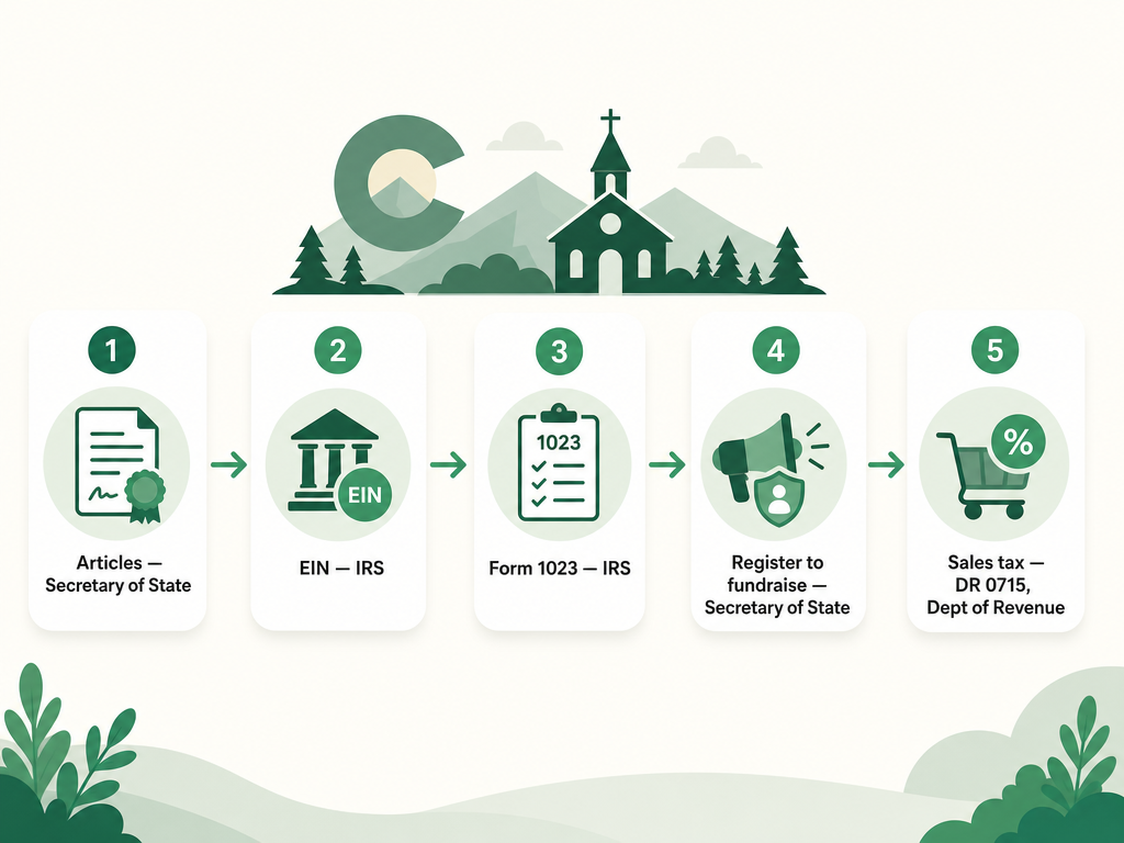 A five-step Colorado nonprofit formation flow: file Articles of Incorporation online with the Secretary of State, get an EIN from the IRS, apply for 501(c)(3) with IRS Form 1023, register to fundraise with the Secretary of State's Charitable Solicitations program, and claim the sales tax exemption with the Department of Revenue using Form DR 0715.