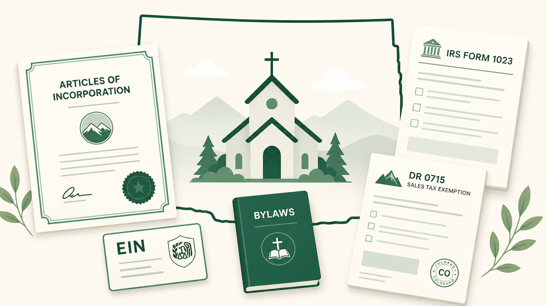 A new Colorado nonprofit inside the outline of the state, surrounded by its founding paperwork — Articles of Incorporation, an EIN, IRS Form 1023, the charitable registration, and the DR 0715 sales tax exemption application.