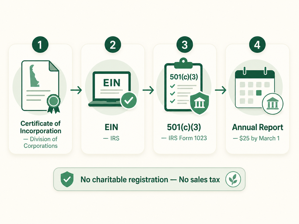 A four-step Delaware nonprofit formation flow: file the exempt Certificate of Incorporation with the Division of Corporations, get an EIN from the IRS, apply for 501(c)(3) with IRS Form 1023, and file the $25 annual report each March 1. A side note reads 'no charitable registration, no sales tax.'