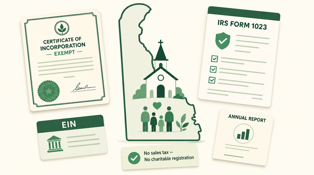 A new Delaware nonprofit inside the outline of the state, surrounded by its founding paperwork — an exempt Certificate of Incorporation, an EIN, IRS Form 1023, an annual report, and a note reading 'no sales tax, no charitable registration.'