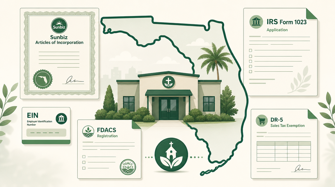 A new Florida nonprofit inside the outline of the state, surrounded by its founding paperwork — Sunbiz articles of incorporation, an EIN, IRS Form 1023, an FDACS registration, and the DR-5 sales tax exemption.