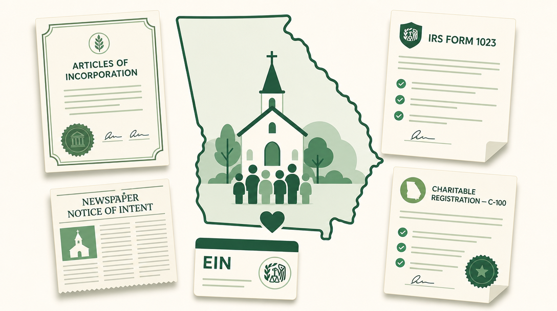 A new Georgia nonprofit inside the outline of the state, surrounded by its founding paperwork — articles of incorporation, a newspaper notice of intent, an EIN, IRS Form 1023, and the charitable registration (Form C-100).