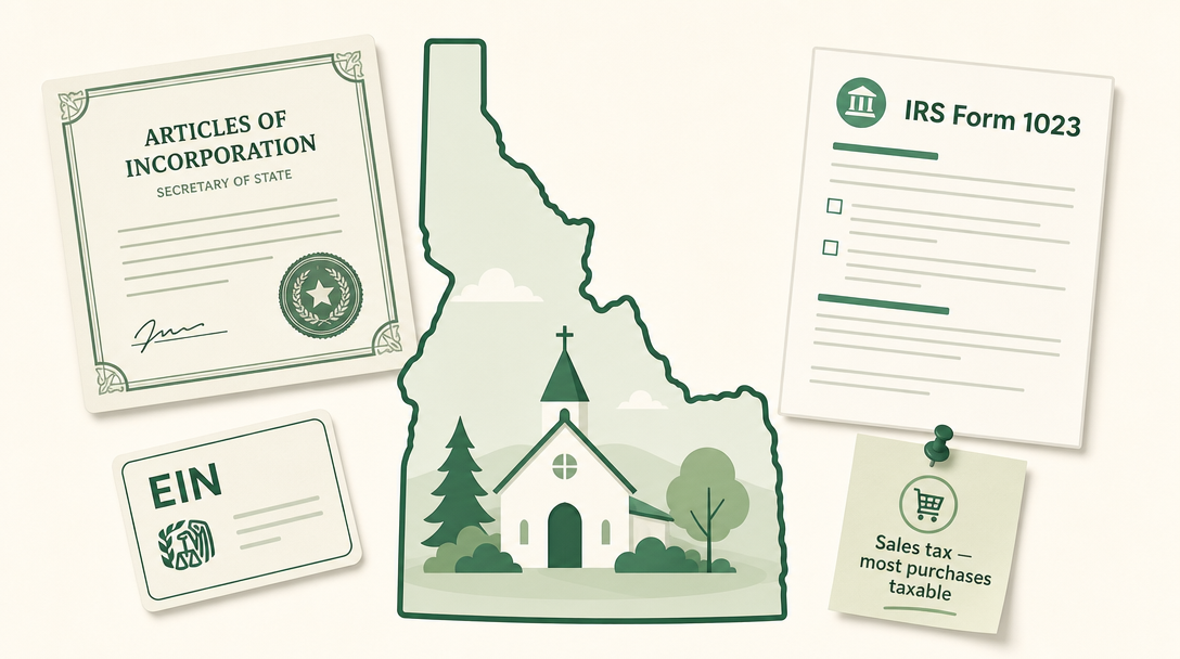 A new Idaho nonprofit inside the outline of the state, surrounded by its founding paperwork — Articles of Incorporation filed with the Secretary of State, an EIN, IRS Form 1023, and a note that most Idaho nonprofits still pay sales tax.