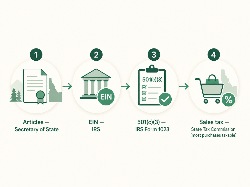 A four-step Idaho nonprofit formation flow: file Articles of Incorporation with the Idaho Secretary of State, get an EIN from the IRS, apply for 501(c)(3) with IRS Form 1023, then plan for Idaho sales tax with the State Tax Commission since most nonprofit purchases are taxable.