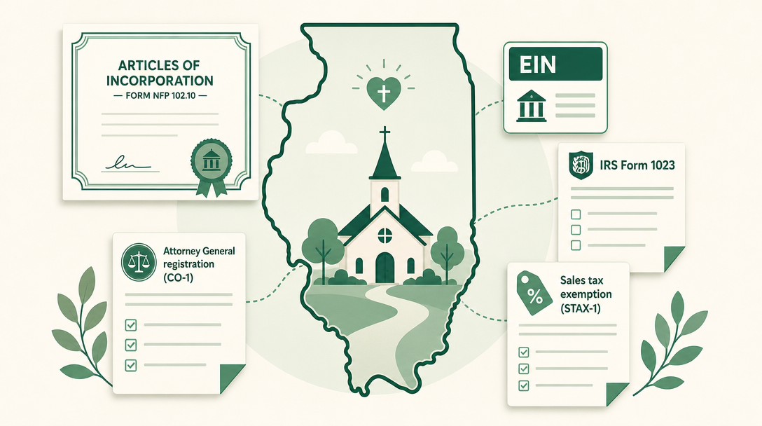 A new Illinois nonprofit inside the outline of the state, surrounded by its founding paperwork — Articles of Incorporation (Form NFP 102.10), an EIN, IRS Form 1023, the Attorney General charitable registration, and the Department of Revenue sales tax exemption.