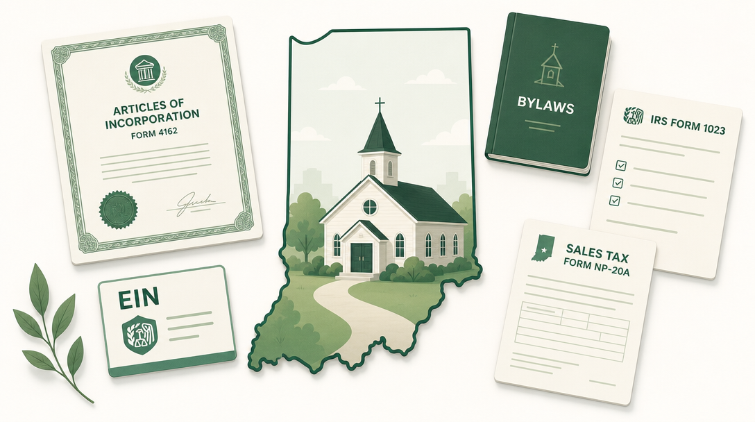 A new Indiana nonprofit inside the outline of the state, surrounded by its founding paperwork — Articles of Incorporation (Form 4162), an EIN, IRS Form 1023, and the Indiana sales tax exemption application (Form NP-20A).