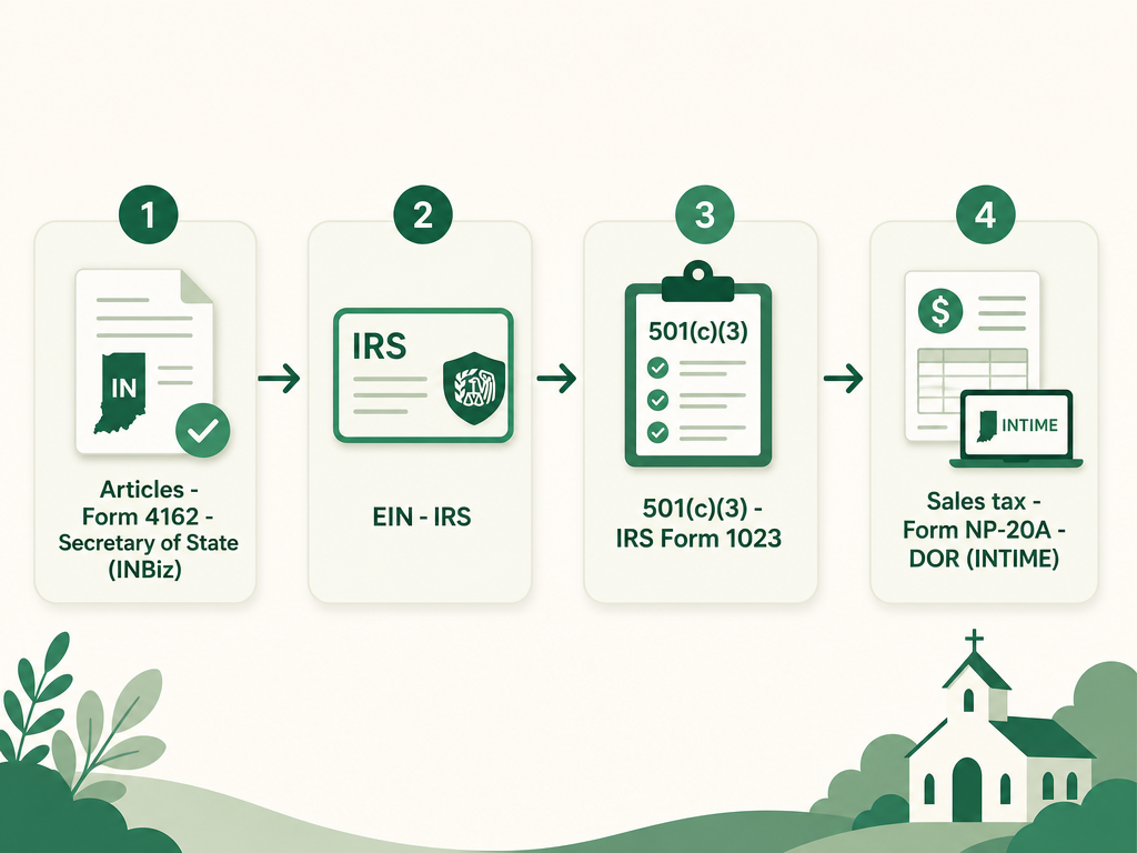 A four-step Indiana nonprofit formation flow: file Articles of Incorporation (Form 4162) with the Secretary of State via INBiz, get an EIN from the IRS, apply for 501(c)(3) with IRS Form 1023, and claim the sales tax exemption from the Department of Revenue using Form NP-20A through INTIME.