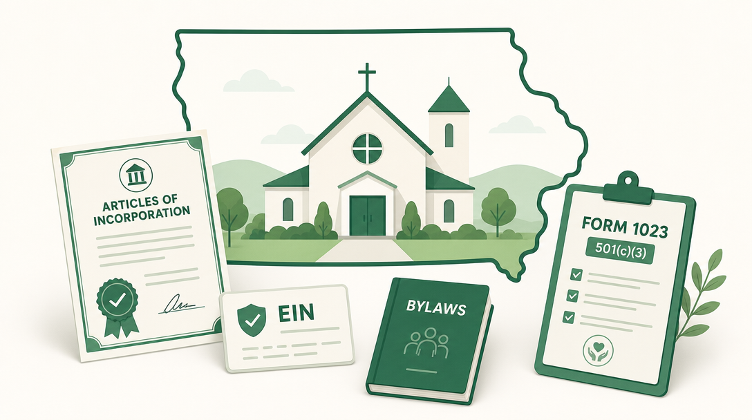 A new Iowa nonprofit inside the outline of the state, surrounded by its founding paperwork — Articles of Incorporation drafted to meet Iowa Code chapter 504, an EIN, and IRS Form 1023 for 501(c)(3) status.